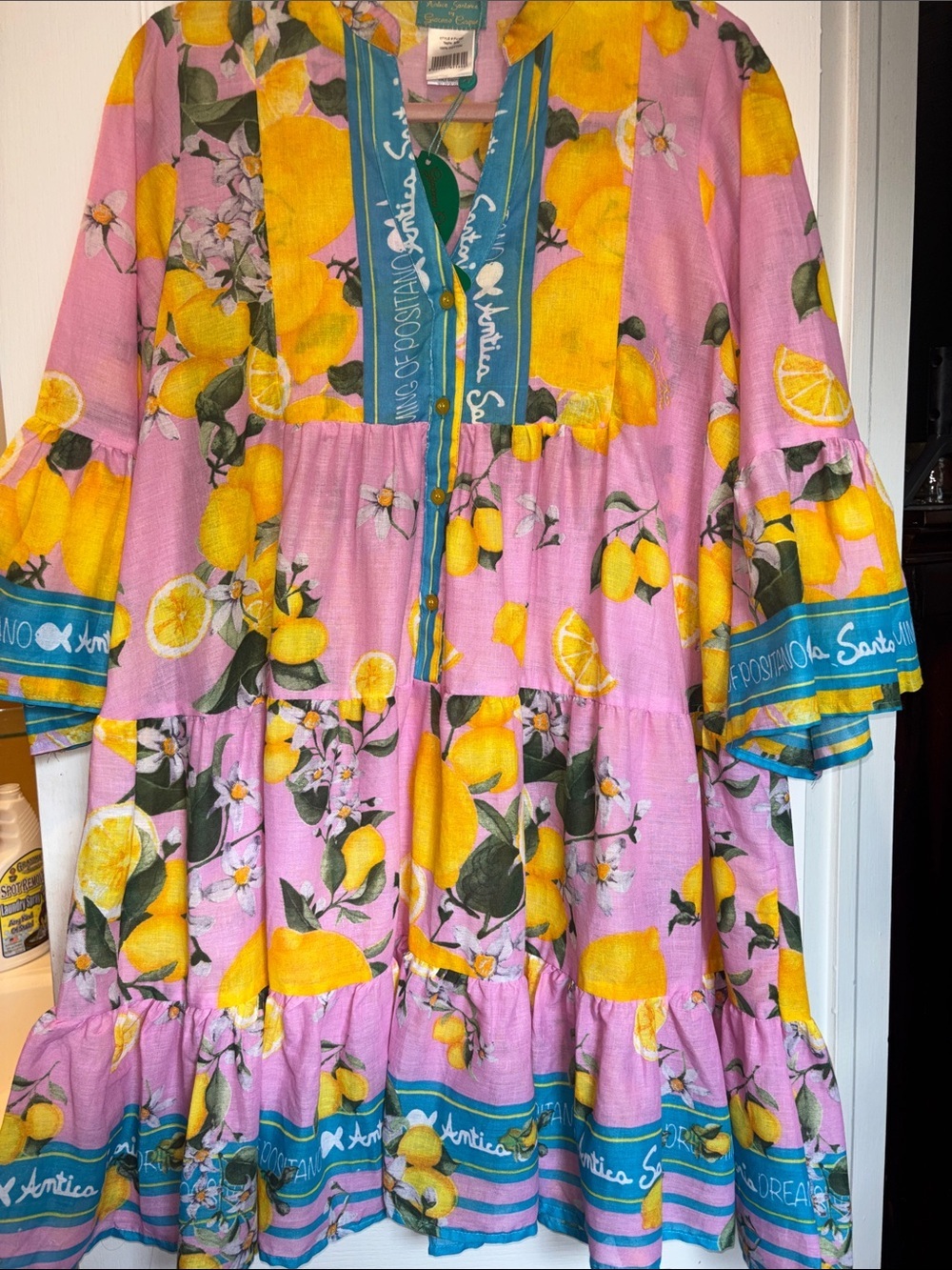 ANTICA SARTORIA PINK LEMON PRINT COTTON TIERED DRESS FROM NAPLES ITALY SIZE S/M